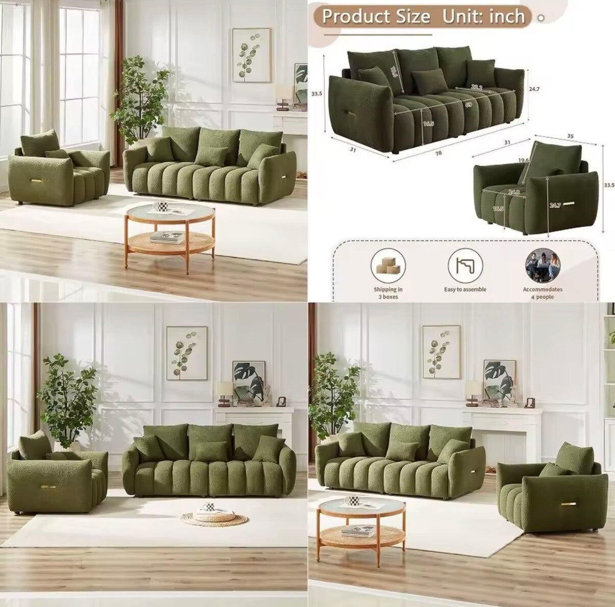Teddy Sofa Set for Living Room, Modern Deep Seat Sofa Chair and Oversized 3Seater Cloud Boucle Couch for Bedroom, Office, Apart