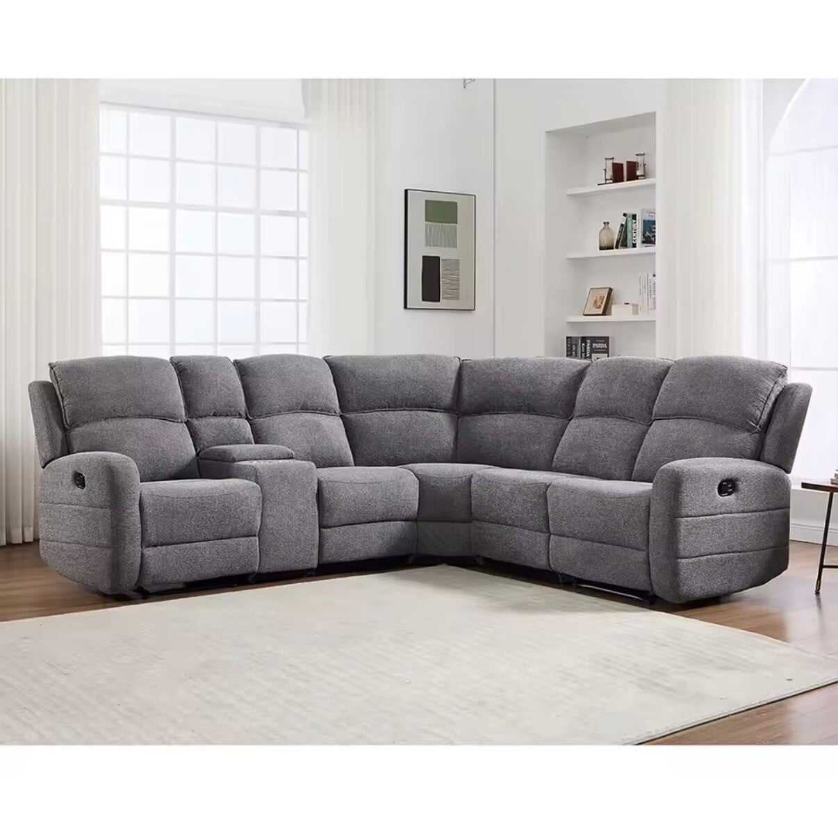 EBELLO Fabric L-Shaped Reclining Large Corner Sofa Sectional Sofa Couch for Living Room, with Padded Headrest, 2 Cup Holders