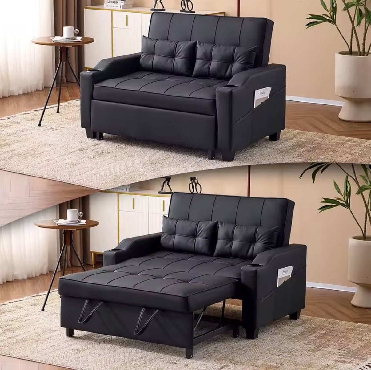 Black Faux Leather Convertible Loveseat Sleeper Sofa with USB Ports and Cup Holders for Living Room, Bedroom, or Home Office