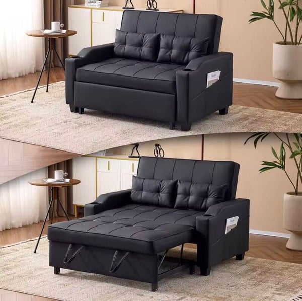 Black Faux Leather Convertible Loveseat Sleeper Sofa with USB Ports and Cup Holders for Living Room, Bedroom, or Home Office