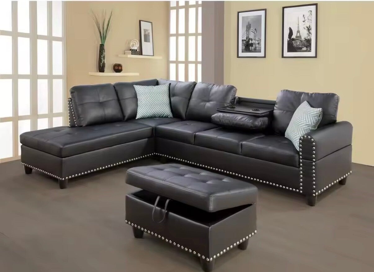 L-Shaped 4-Seat Sofa Set with Chaise, Ottoman, and Pillows | Black PU Leather Couch with Cup Holders
