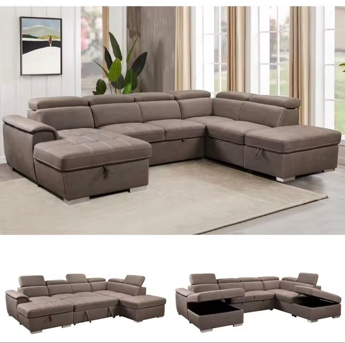 thsuper 127'' microfiber oversized u shaped sectional sleeper sofa couch with pullout bed, 7 seat couches with adjustable headre (Light Brown)