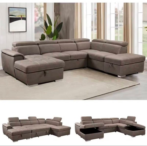 thsuper 127'' microfiber oversized u shaped sectional sleeper sofa couch with pullout bed, 7 seat couches with adjustable headre (Light Brown)