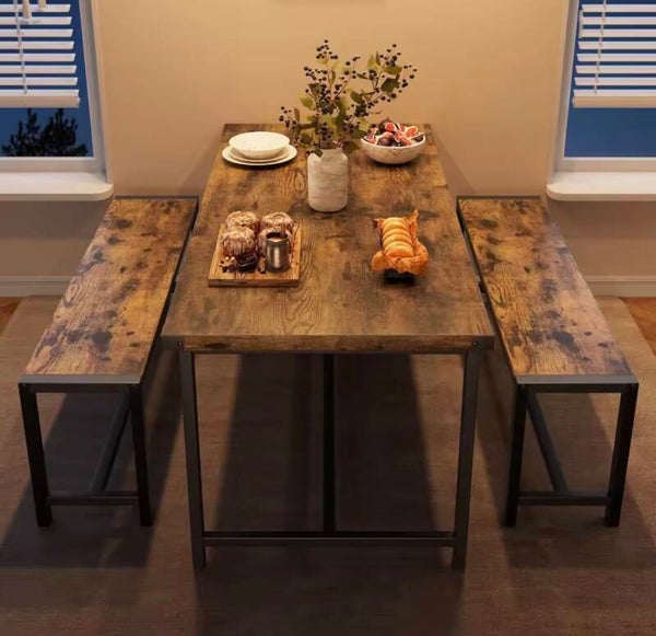 Dining Table Set for 4, Kitchen Table with 2 Metal Wood Benches, Rectangular Room Dining Table Set, 3 Piece Bench Table Set for