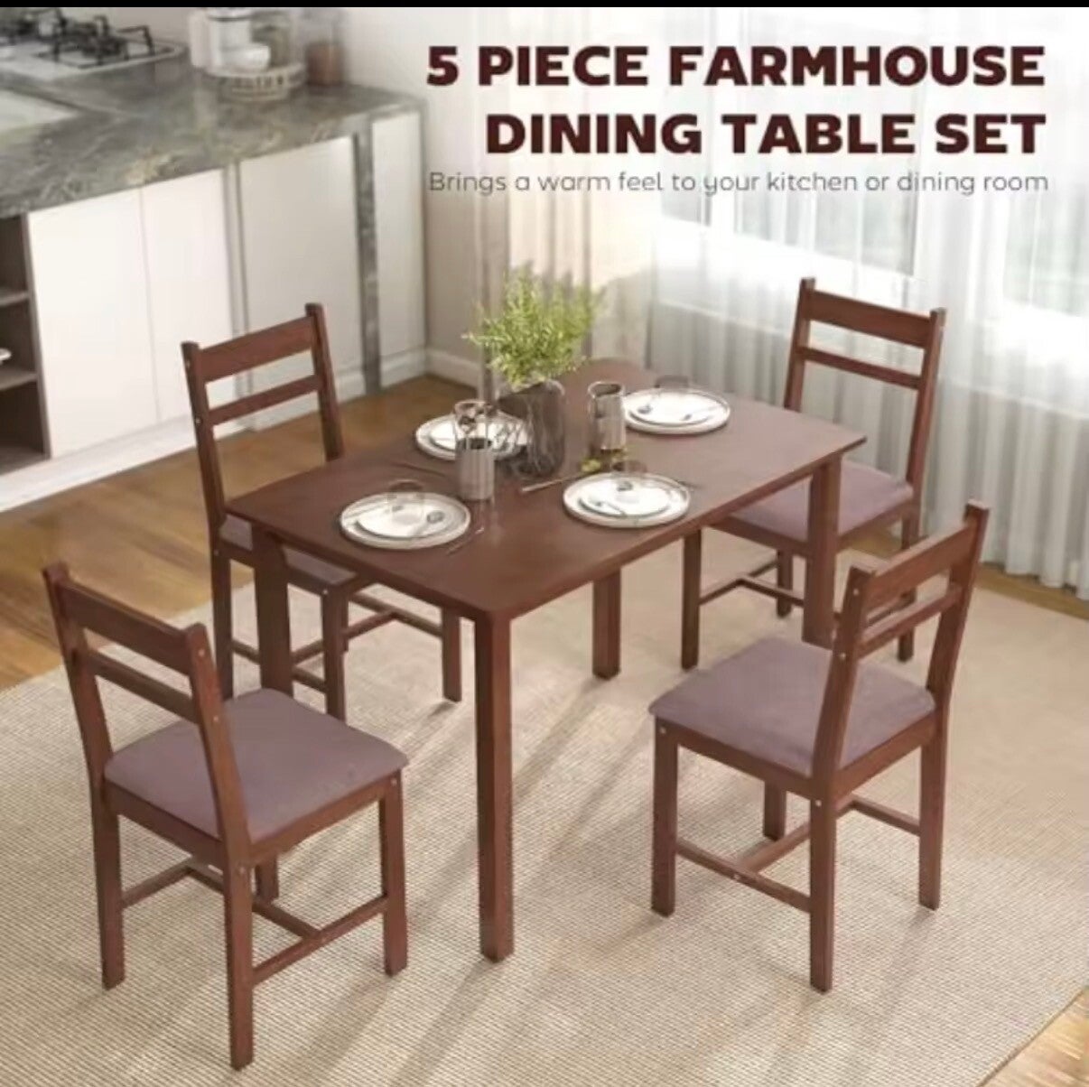 5-Piece Solid Wood Dining Table Set for 4, Farmhouse Kitchen Table with Upholstered Chairs for Small Space, Dining Room, Breakfast