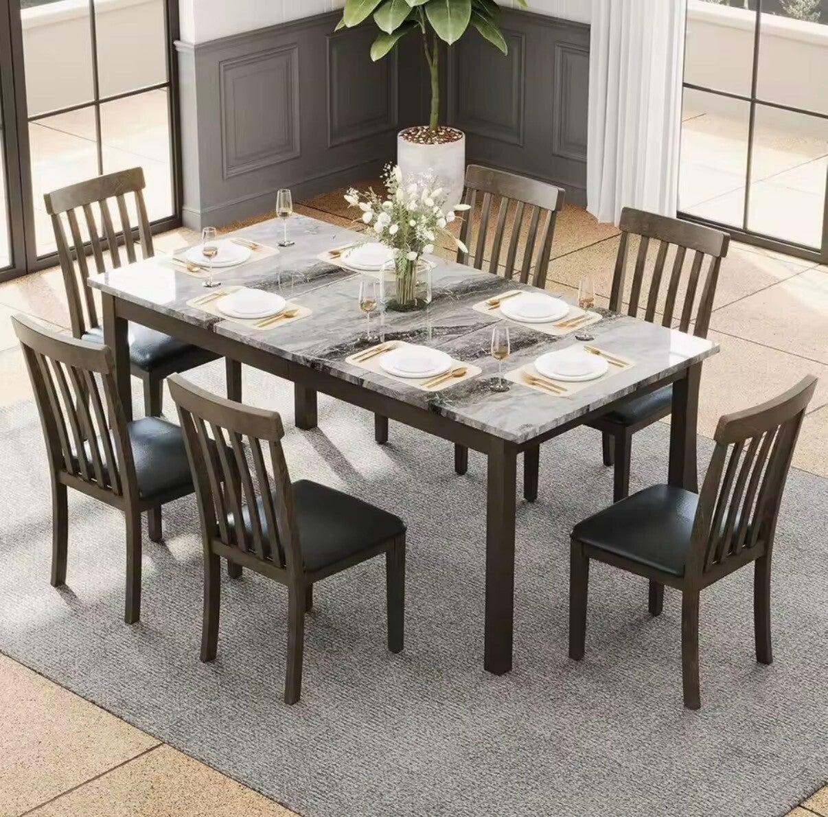 7-Piece Solid Wood Dining Set with 6 PU Leather Chairs, 71 Marble Effect Table for Kitchen & Dining Room, Cappuccino Brown