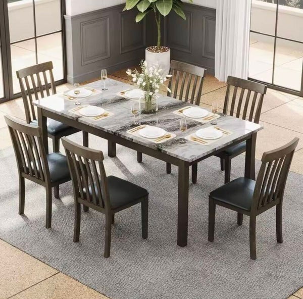 7-Piece Solid Wood Dining Set with 6 PU Leather Chairs, 71 Marble Effect Table for Kitchen & Dining Room, Cappuccino Brown