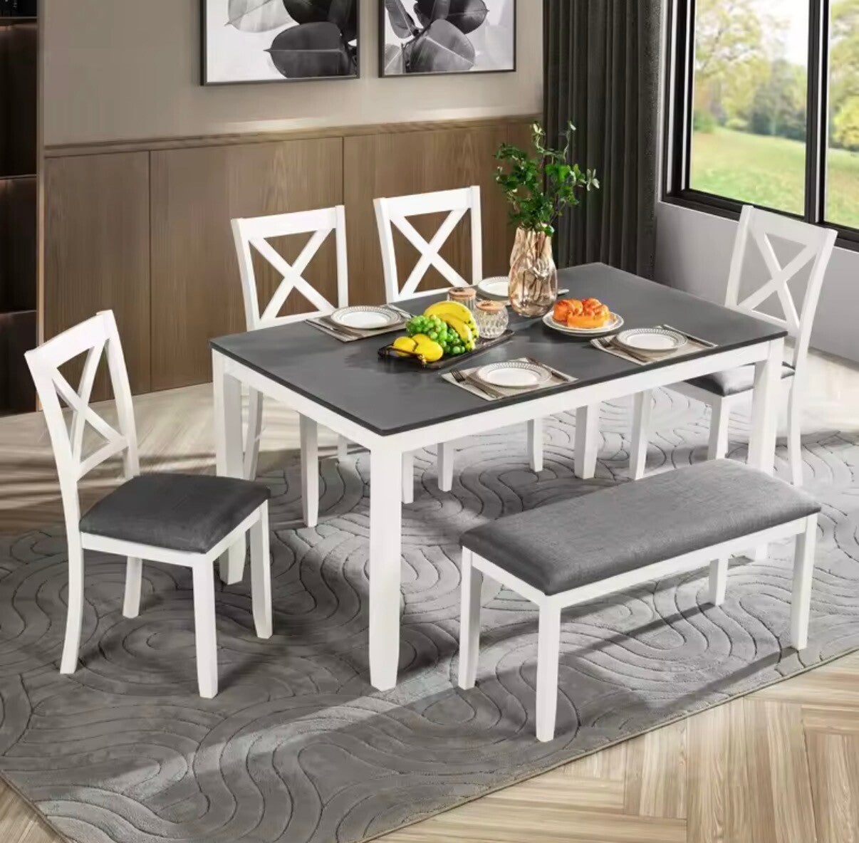 6-Piece Grey and White Modern Dining Table Set for 6, Includes Bench, Suitable for Kitchen or Dining Room