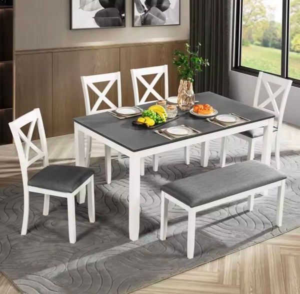6-Piece Grey and White Modern Dining Table Set for 6, Includes Bench, Suitable for Kitchen or Dining Room