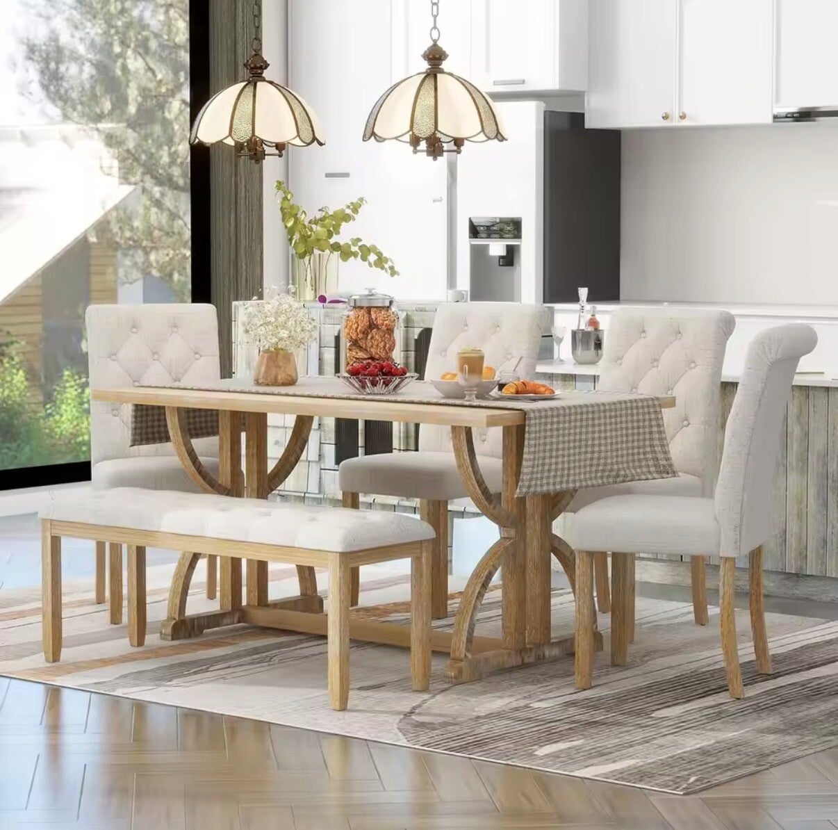 6-Piece Farmhouse Dining Table Set for 6, Solid Wood Rectangular Kitchen Table with Upholstered Chairs and Bench, Natural Wood Wash