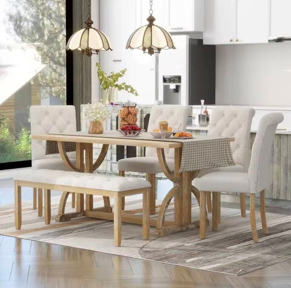 6-Piece Farmhouse Dining Table Set for 6, Solid Wood Rectangular Kitchen Table with Upholstered Chairs and Bench, Natural Wood Wash