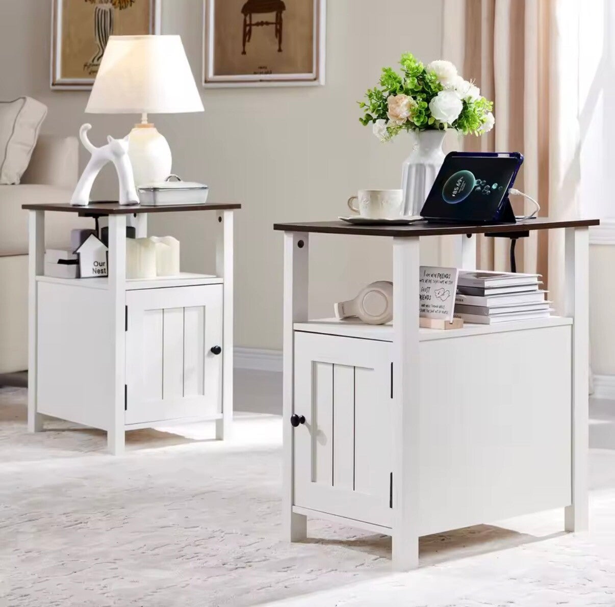 Farmhouse Nightstand Set of 2, End Table with Charging Station, Rustic Side Table w Barn Door amp Open Shelves, Bedside Table