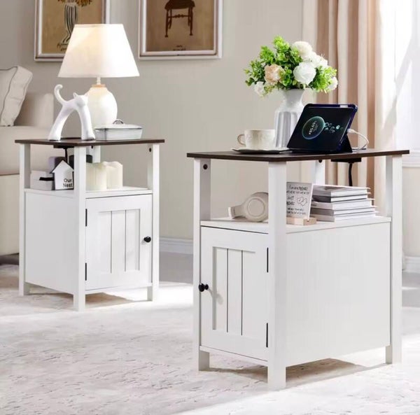 Farmhouse Nightstand Set of 2, End Table with Charging Station, Rustic Side Table w Barn Door amp Open Shelves, Bedside Table