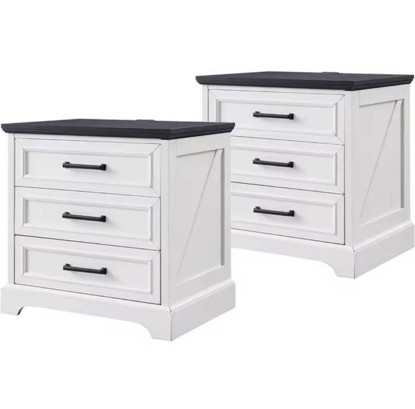 22 Inch Wide 2-Piece Nightstand Set with Charging Station and 3 Drawers, Rustic Wood, Suitable for Bedroom or Living Room