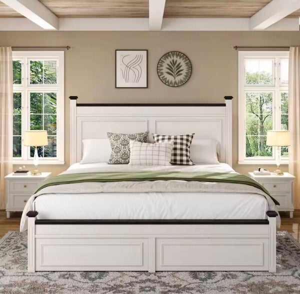 EnHomee 51.25" H Headboard Bed Frame with 2 with Storage Drawers Farmhouse Wood Platform Bed Frame, No Noise, No Box Spring Needed