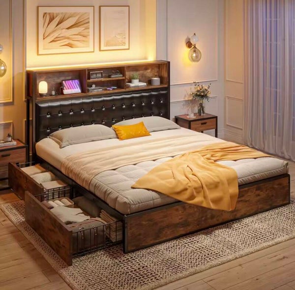 EnHomee Full/Queen/King Bed Frame with Charging Station and 4 Storage Drawers Platform Bed Frame with Upholstered Headboard No Noise