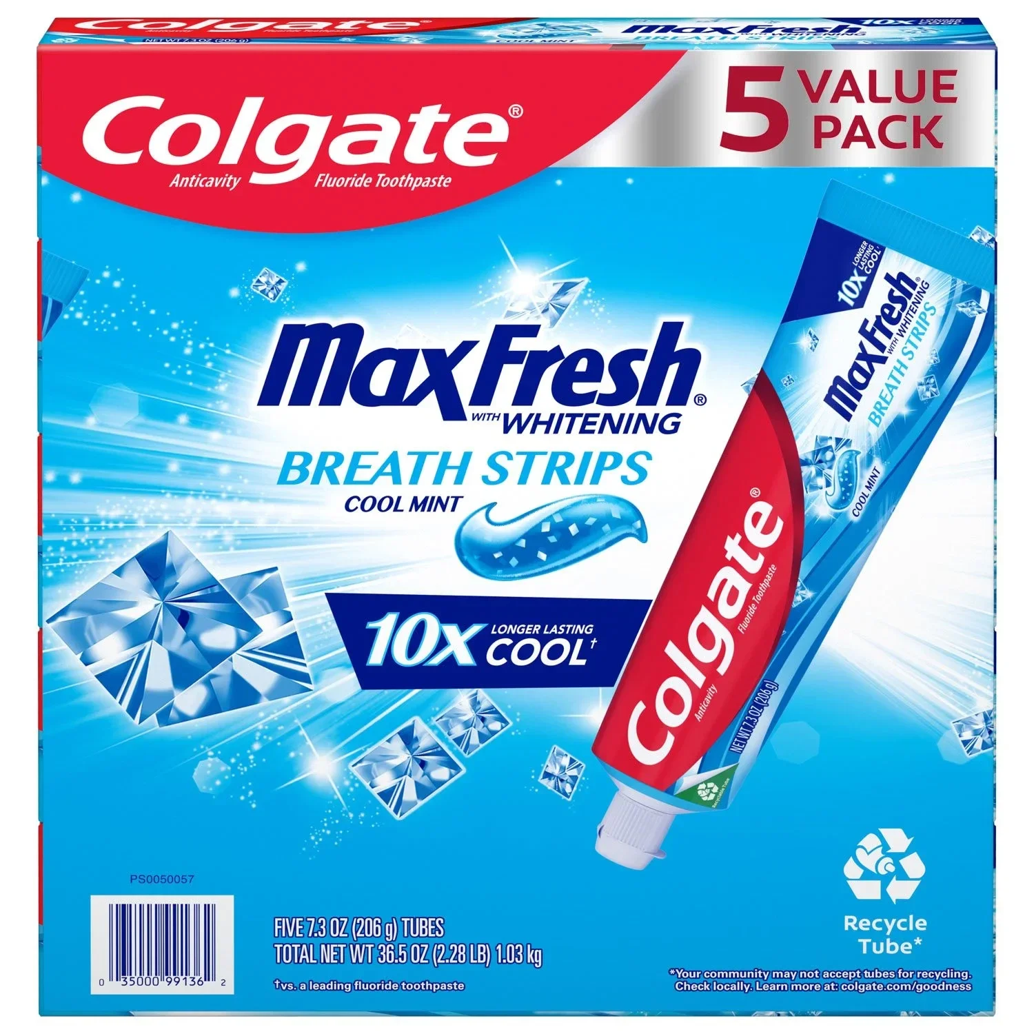 Colgate MaxFresh Toothpaste with Mini Breath Strips, Cool Mint, 7.3 oz., 5 pk