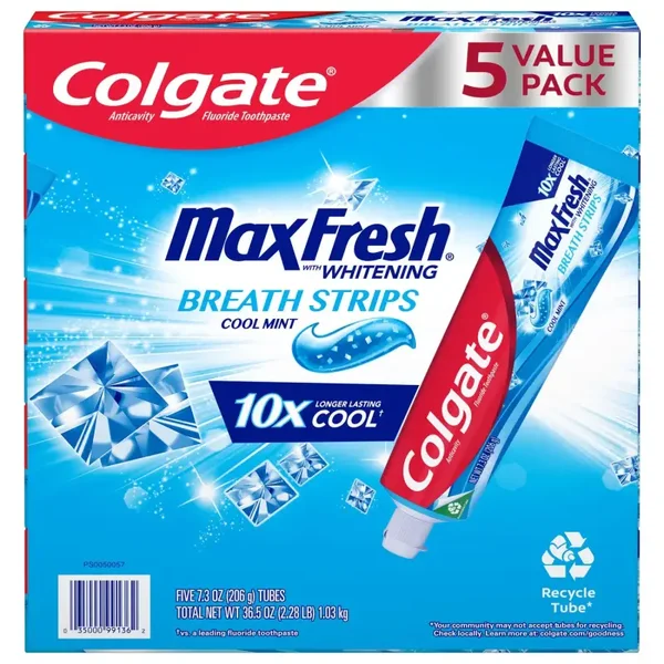 Colgate MaxFresh Toothpaste with Mini Breath Strips, Cool Mint, 7.3 oz., 5 pk