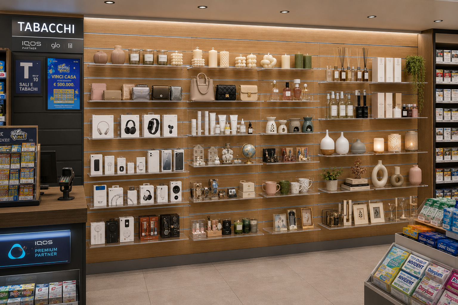 Mensola display per tabaccherie con esposizione di prodotti e articoli da punto vendita