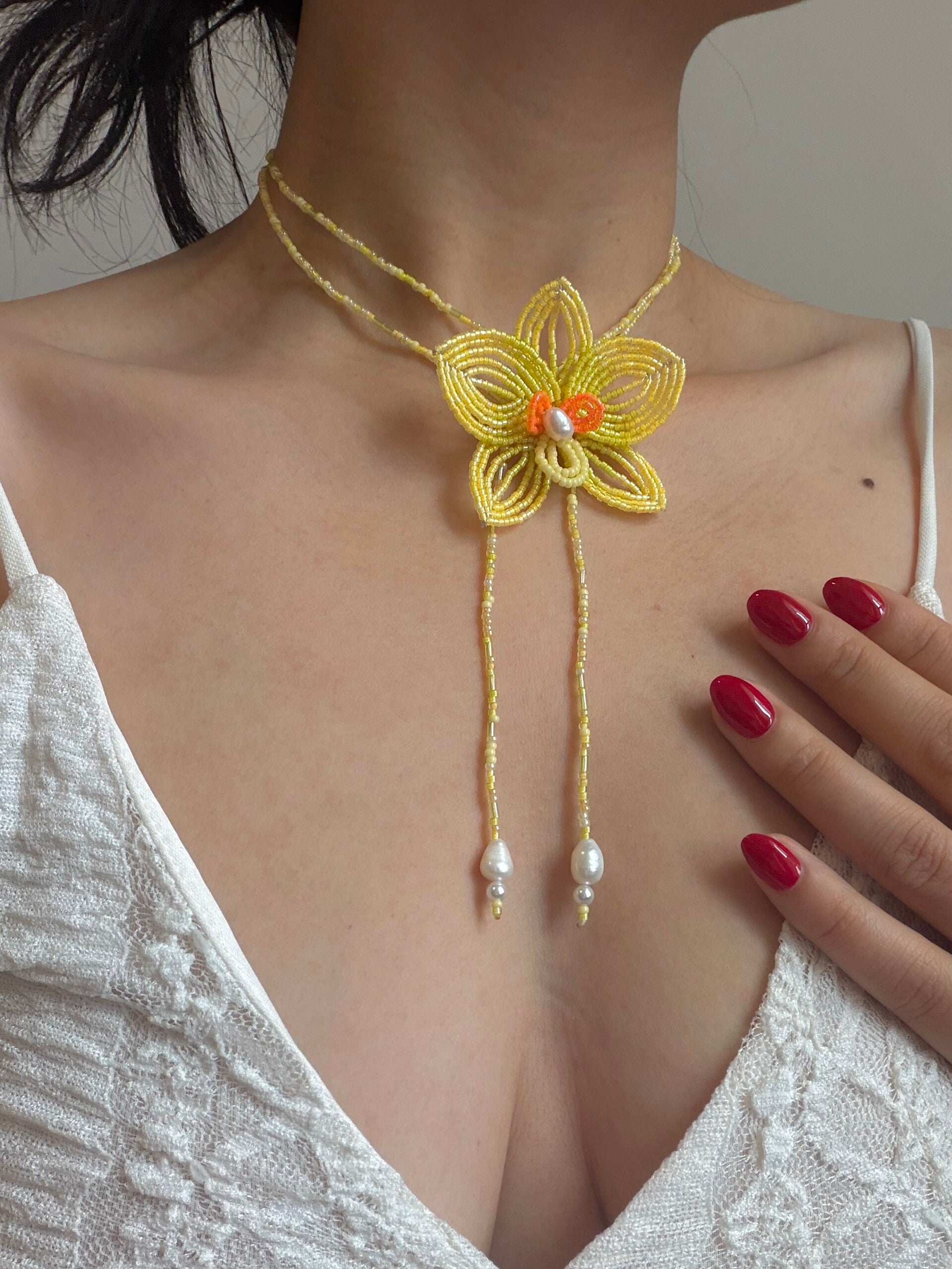Beaded lemon yellow / green orchid necklace