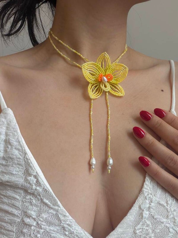 Beaded lemon yellow / green orchid necklace