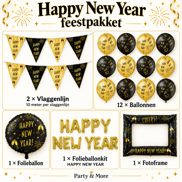 Happy New Year Feestpakket – Vier oud & nieuw in stijl met zwart & goud! 🥂✨