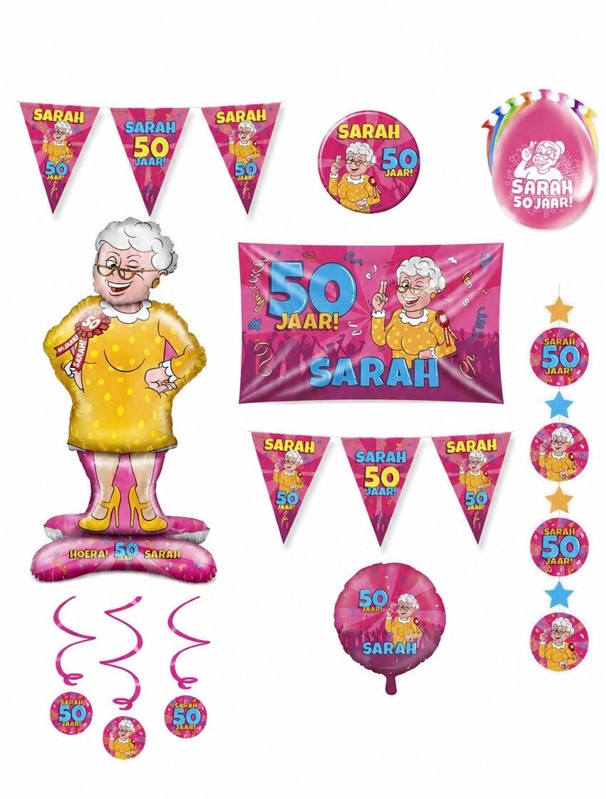 Sarah 50 jaar |  versiering pakket | 17 delig | opblaasfiguur | ballonnen
