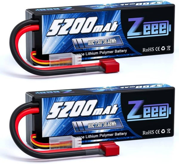 Zeee 2s lipo Batterie 5200mAh 7,4V RC Batterie, avec connecteur Deans T Fiche, pour RC  (2 Paquets)