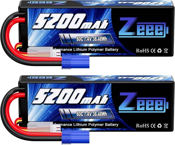 Zeee 2s lipo Batterie 5200mAh 7,4V 80C RC Batterie, avec connecteur EC5 Fiche, pour RC (2 Paquets)