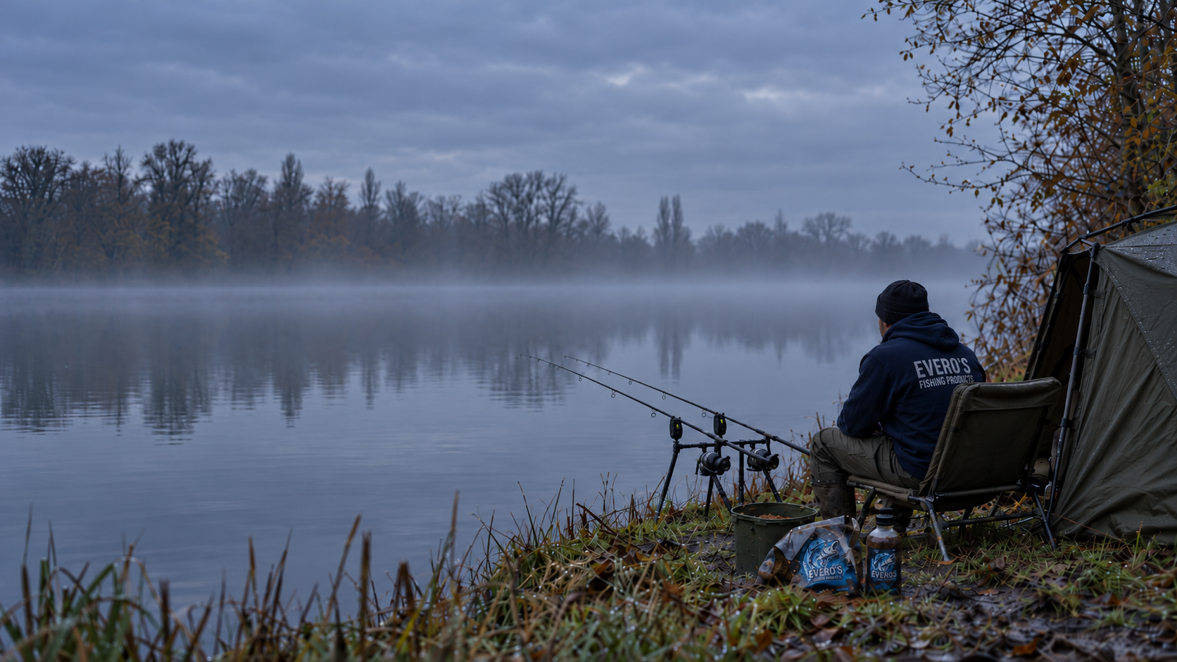 Karpervisser van Evero's Fishing Products aan een mistig meer