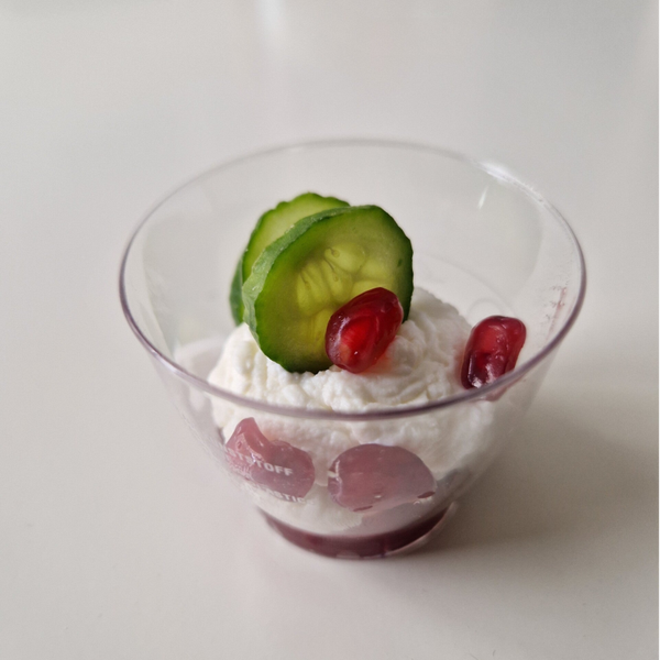 fetamousse - granaatappelcoulis - komkommer