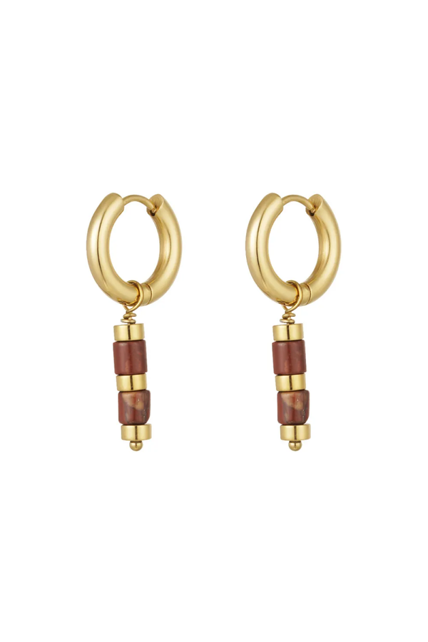 Oorbellen Gold Red Brown Beads, Goud
