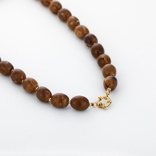 Ketting Ovale bruine kraal, Goud