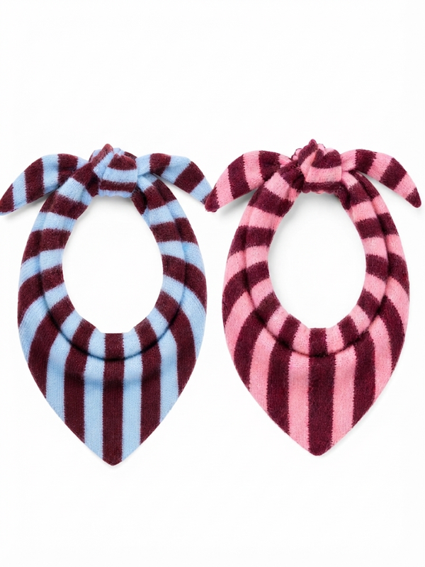 Gestreepte Gebreide Sjaal met Knoop, Burgundy/Roze & Blauw