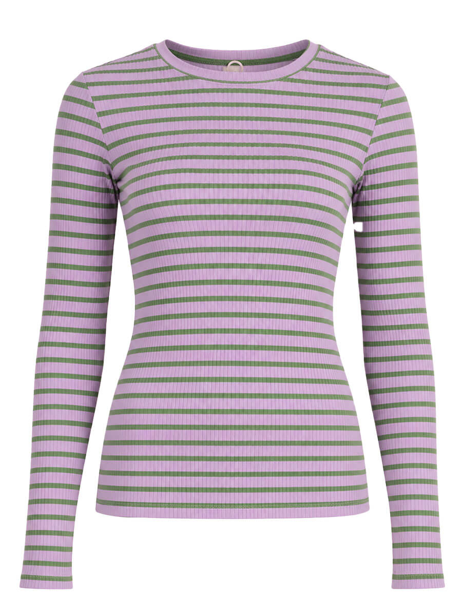 Lila- Groen Gestreept Ribshirt met Lange Mouwen