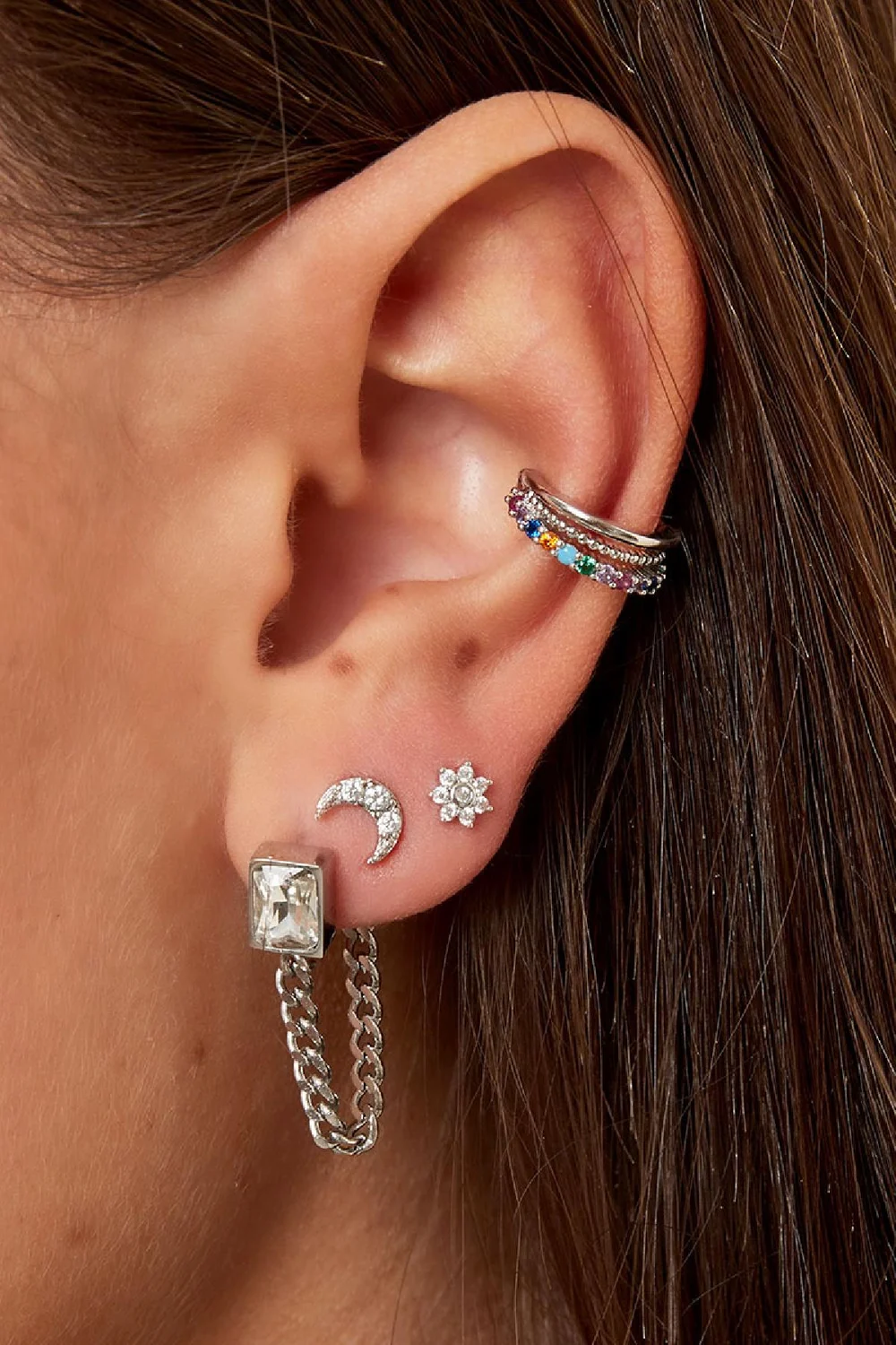Earcuff oorbel gekleurd dubbel, Zilver