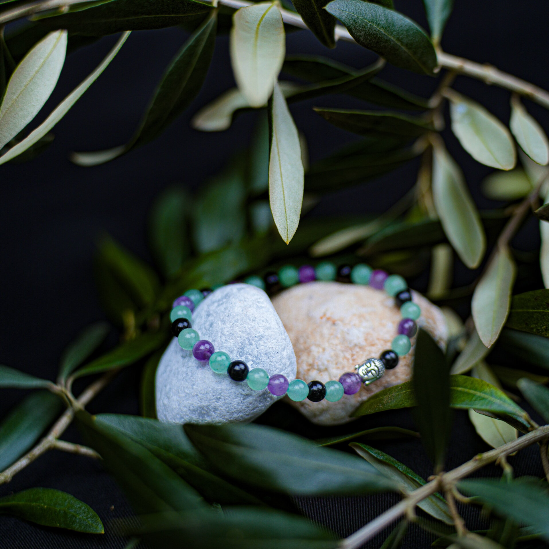 Bracelet Agate noir, Aventurine et Améthyste