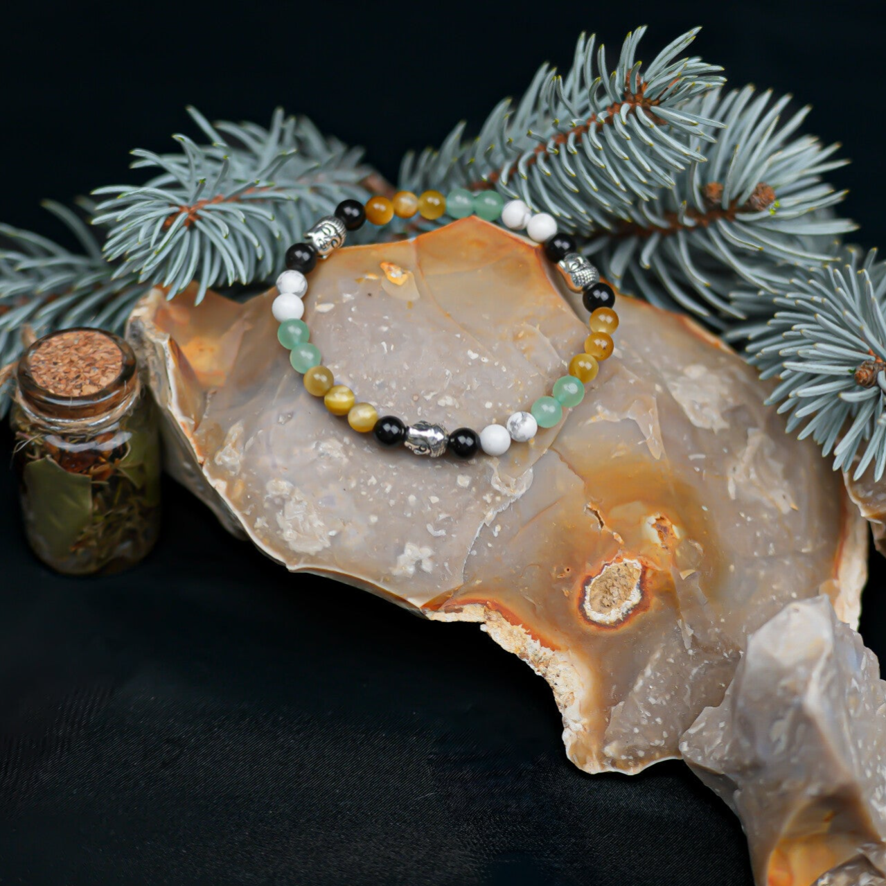 Bracelet Oeil du tigre, Aventurine, Howlite et Obsidienne