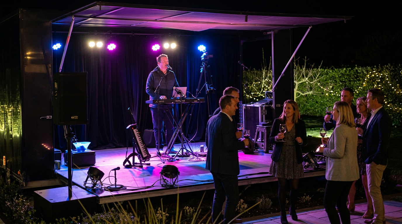 Mobile stage and live music setup for a Hawke's Bay private event