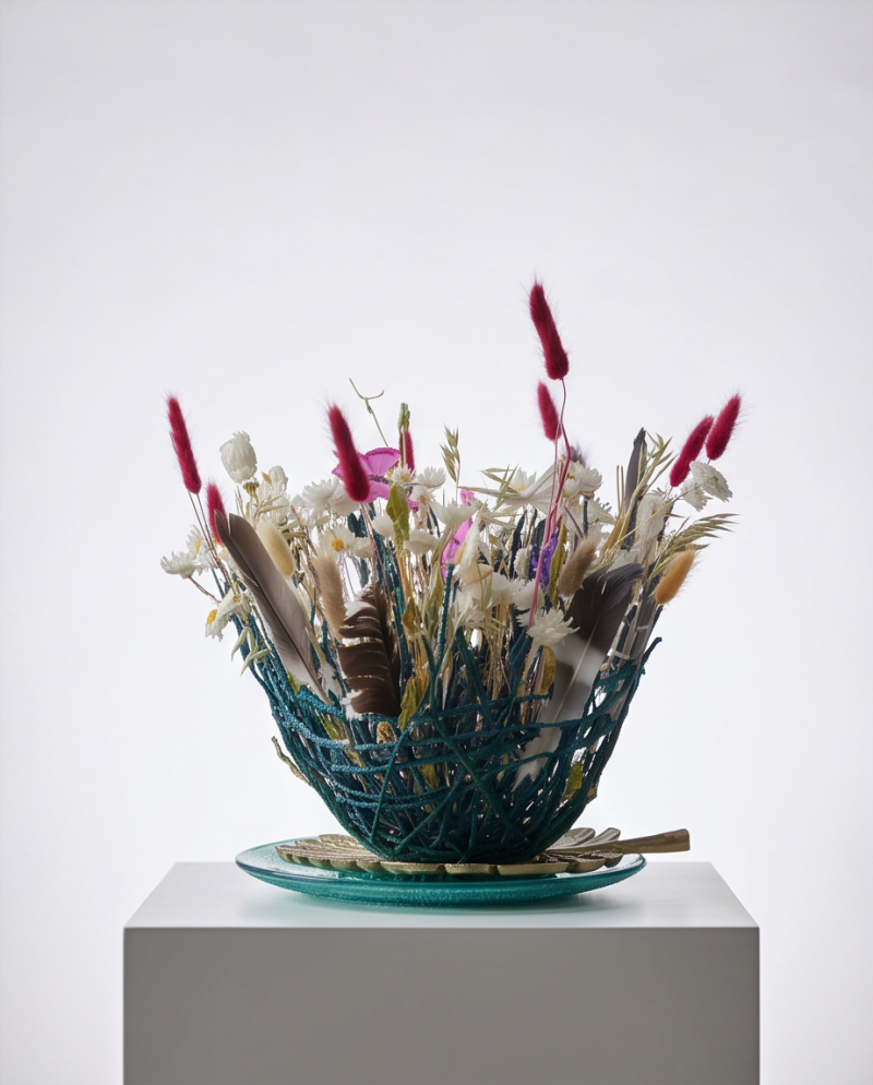 Verstevigd mandje van draad gedecorerrd met droogbloemen en veertjes naar jouw eigen idee.