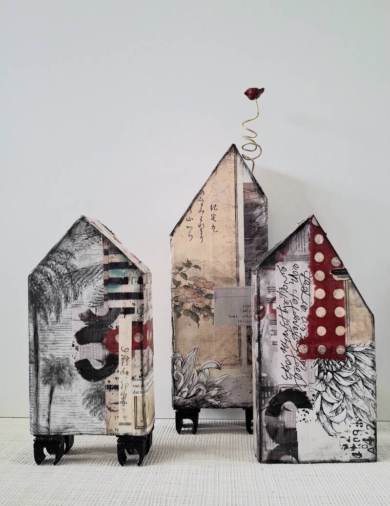 3 huisjes gemaakt met de mixed media techniek