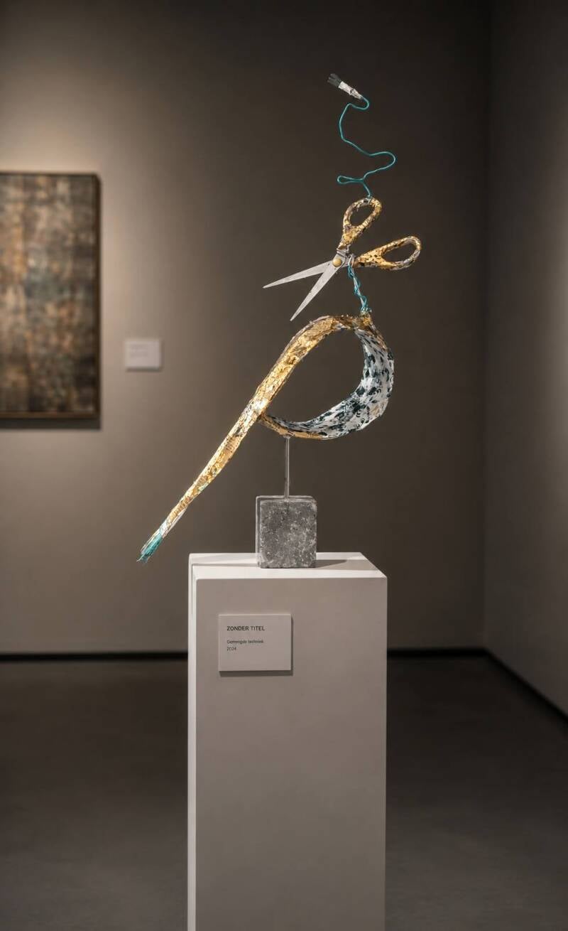 Decoratieve vogel op stenen voet gemaakt van papier, met toevoeging van schaar als snavel.