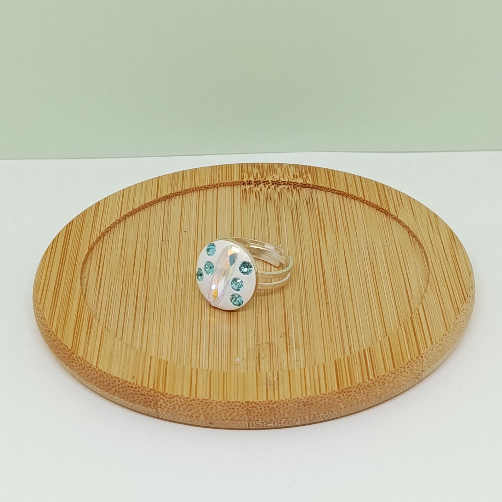 Bague artisanale avec cristal bleu et blanc- Douceur d'une nuit