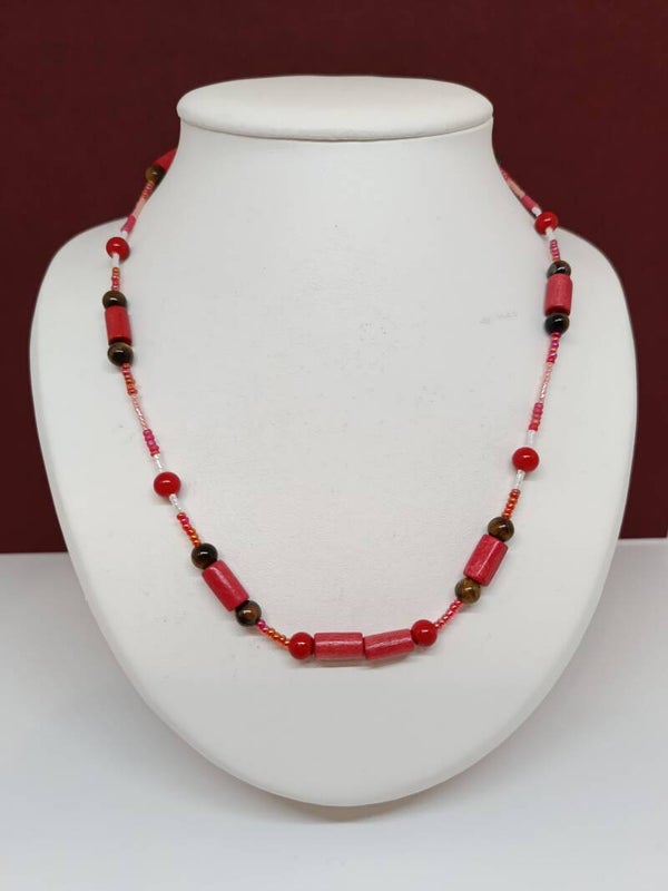 Collier bois et agate rouge naturelle – collier artisanal – Art’Tipik-Rouge écorce