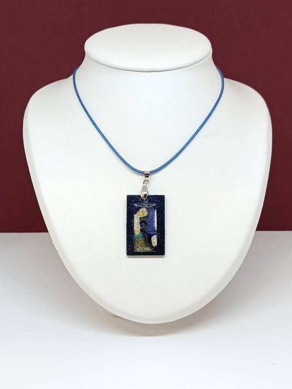 Pendentif en bois artisanal-bleu & nacre - Nacre bleue