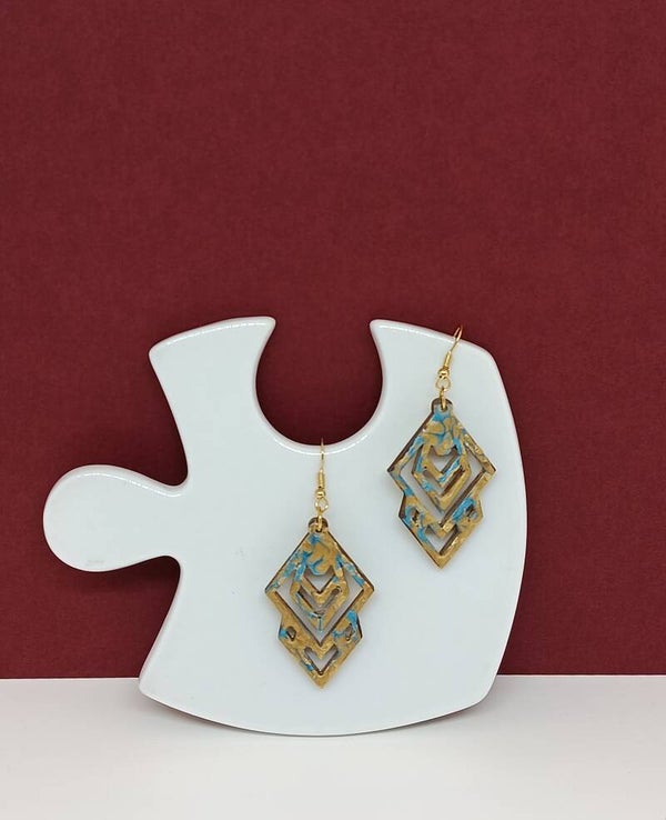 Boucles d’oreilles en bois bleu et doré peintes à la main-Frisson d’Avril
