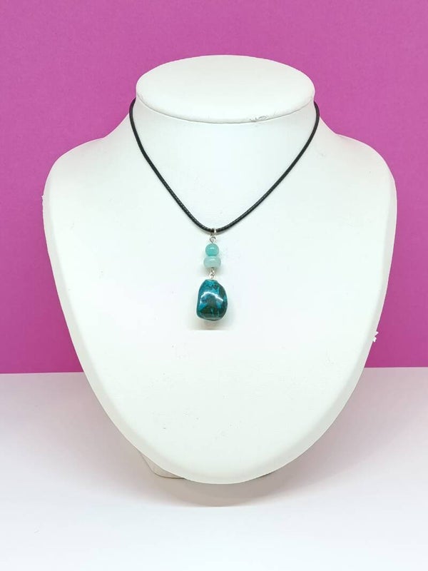 Pendentif artisanal - pierres naturelle chrysocolle et amazonite - Duo de choc