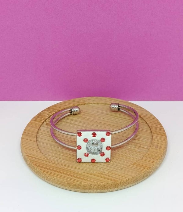 Bracelet double jonc argenté fait main avec cristal orange et cristal blanc étincelant-Auréliane