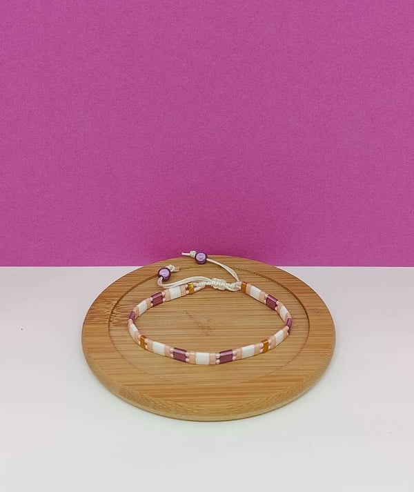 Bracelet tissé fait main -  perles Tyla rectangulaires mauve, blanche et rose – Melyara