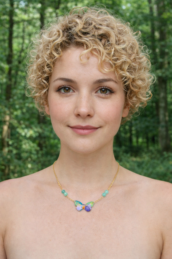 Collier artisanal papillon peint à la main et amazonite du Pérou – Souffle du Papillon